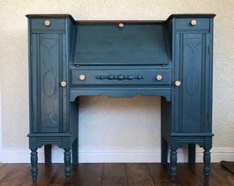 Secretary Desk, Antique Desk, Antique Secretary Desk, Antique Makeup Vanity, Chalk Paint Furniture, Liquor Cabinet, Bar Cabinet, Blue Desk