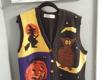 Vintage women's Halloween sweater vest by Karen Scott, size M, knit vest with pumpkin, witch, and owl, 1980s/1990s vest