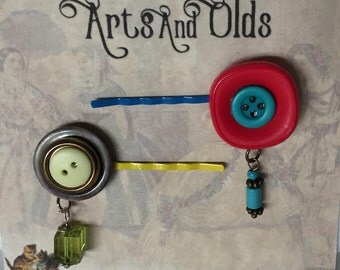Handmade Bobby Pins with Vintage Buttons and Charms, Vintage Hair Pins - Set of Two 2 on Card, Gifts for Her