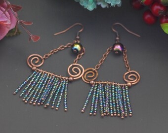 Copper Stud Earrings Hammered Copper Hoop Earrings Copper Earrings Oxidized Squiggle Handmade Copper Earrings Copper Jewelry Wire Wrapped