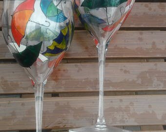 Hand painted wine glasses set of 2 umbrellas glasses / stylish gift /birthday glasses gift/ handpainted girlfriend gift funny wine glasses