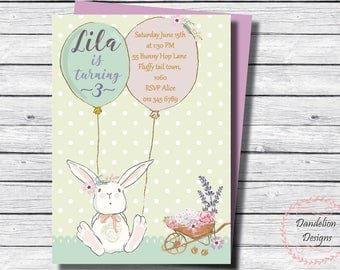 Bunny birthday invitation, Bunny first birthday invite, Bunny invitation, Floral bunny invite, Pastel Bunny, birthday invite, Girl birthday