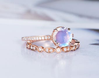 moonstone engagement ring sets bridal sets art deco wedding rose gold bridal ring diamond stacking half - Moonstone Wedding Rings moonstone engagement ring sets bridal sets art deco wedding rose gold bridal ring diamond stacking half - Moonstone Wedding Rings