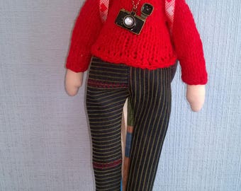 Rag doll style Tilda interior gift memories of travel camera backpack black hair red sweater jeans brown boots ceramic heart plastic beads