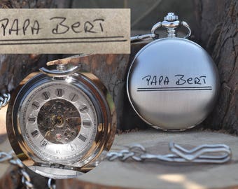 Handwriting, Custom, Mechanical Pocket Watch, Hand Wind-up, Engraved Pocket Watch, Personalized, Handwritten, Double Sided, écriture