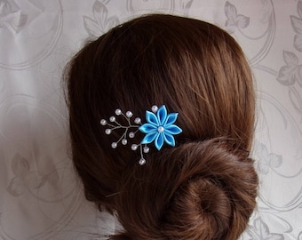 Bridal headpiece with kanzashi flower/Bridal hair pin/Wedding hair stick/Satin and pearl beads hair pin/+150 custom colours