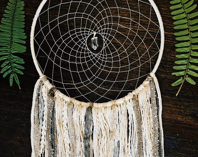 medium, white, bohemian dream catcher with healing, raw, quartz crystal