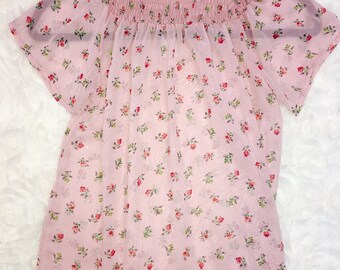 Sheer-off the shoulder- pink fabric with red roses and green stems
