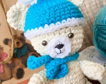 Cute amigurumi Teddy bear, Sweet crochet white bear in a hat