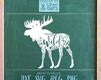 Floral Moose Svg - Wild -- SVG, PNG, Jpeg, DXF cut file for Silhouette, Cricut -- Instant Download Clipart - Wildflowers - Printable Art