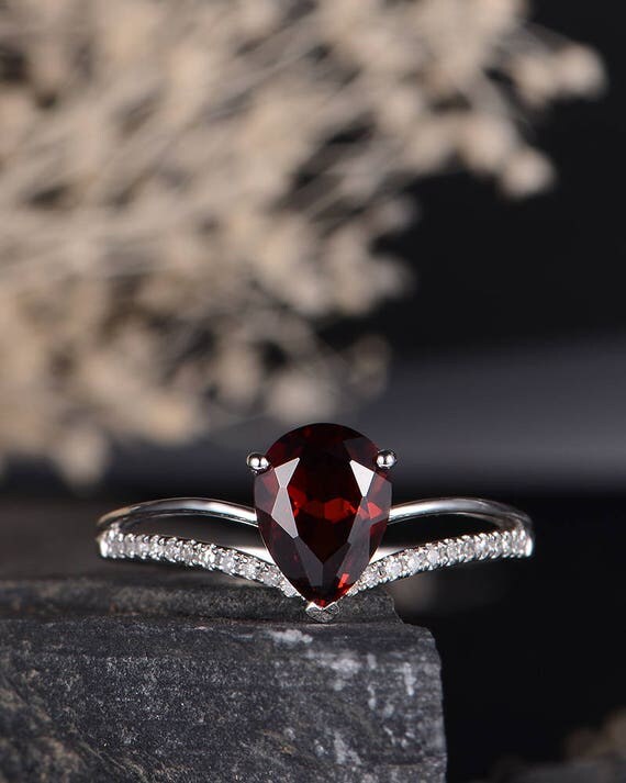 Garnet Engagement Ring Curved Cage Chevron V Ring Pear Shaped