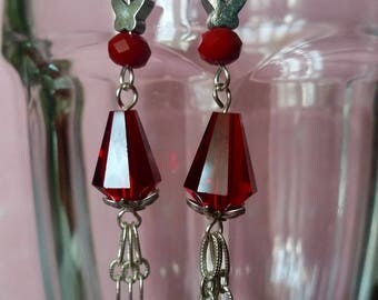 Silver Chain Tassel Earrings Handmade Red Butterfly Beaded Flower Bud Drops LINA