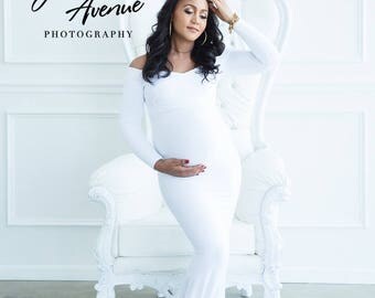 White Form Fitting Maternity Gown For Photo Shoots Dress Baby Shower With Long White Form Fitting Maternity Gown For Photo Shoots Dress Baby Shower With Long