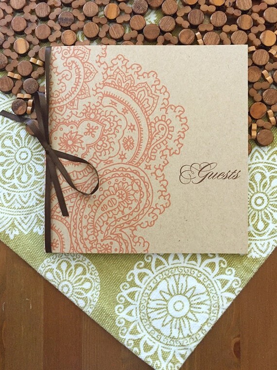 Kraft &amp; Paisley Wedding Guest Book with blank white pages and