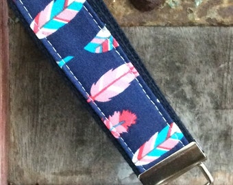 READY TO SHIP-Beautiful Key Fob/Keychain/Wristlet-Feathers On Navy-1