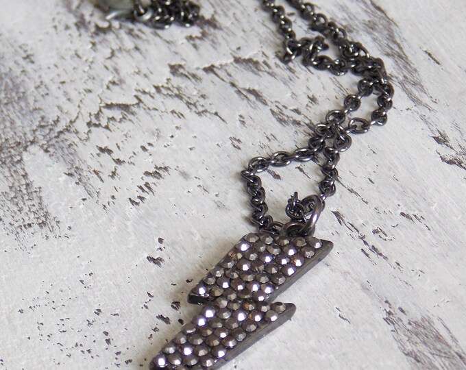 Lightening Bolt Necklace Gunmetal TCB Necklace Superstar Goth Jewelry Boho Elvis Black Rhinestone Simple Necklace