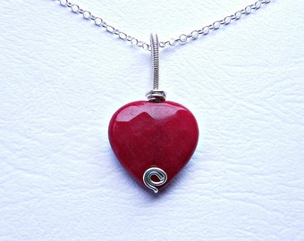 Red jade necklace, romantic gift jewelry, red jade heart pendant, heart jewelry, ruby jade silver necklace, wire wrap pendant, sterling