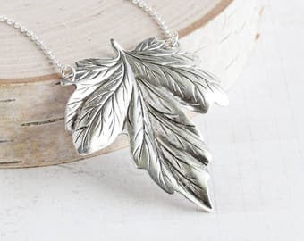 Silver Leaf Necklace, Antiqued Silver Plated Large Leaf Pendant on Silver Plated Chain, Autumn Necklace, Fall Woodland Jewelry
