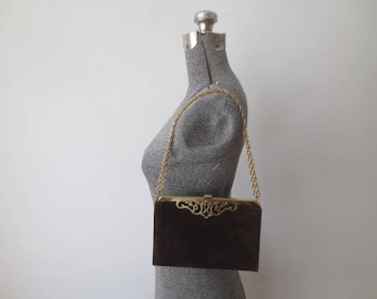 Vintage '40s/'50s Chocolate Suede Purse w/ Gold Filigree Detail & Long Gold Chain