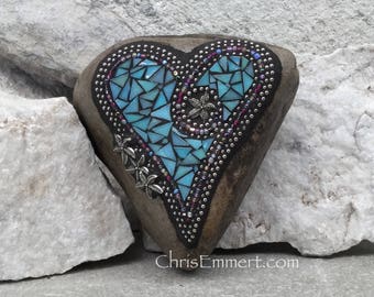 Iridescent Blue Heart, Starfish, Garden Stone, Mosaic, Garden Decor