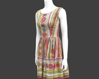 1950s Fit-and-Flare Linen Party Dress, Size S
