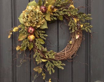 Summer Wreath-Fall Wreath-Green Berry-Wispy Branches-Twig Grapevine Door Wreath Decor-Use Year Round-Green Hydrangea-Fruit-Pear-Pomaegranate