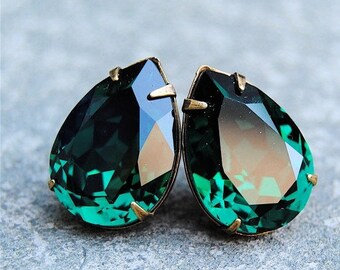 Emerald Green Large Bridal Earrings Swarovski Crystal Emerald Earrings Bridal Jewelry Clip on Stud Earrings