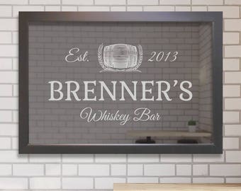 Custom Bar Mirror (Whiskey Bar): Custom Engraved Bar Mirror, Personalized Whiskey Bar Mirror, Large Whiskey Bar Mirror, Whiskey Home Bar