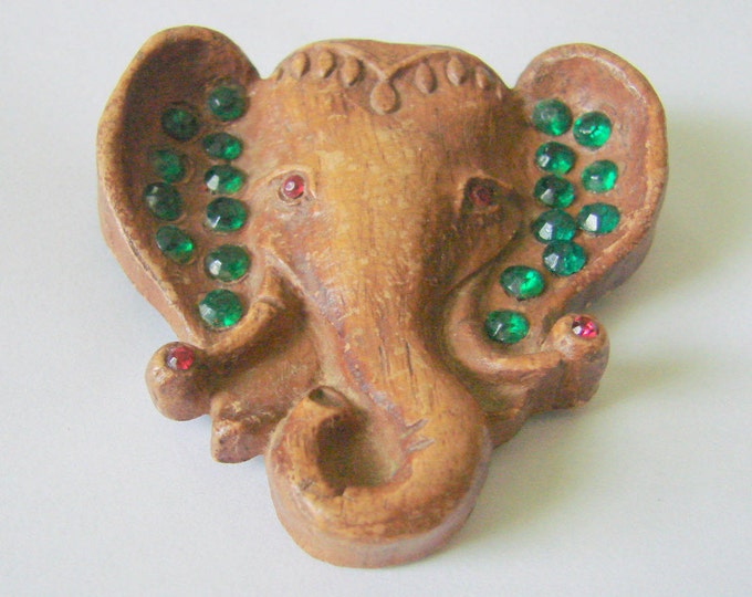 Antique Figural Wood Elephant Brooch / Green & Red Rhinestones / Large Hand Carved / Vintage Jewelry / Jewellery