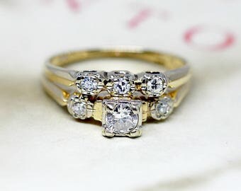 vintage diamond wedding set three stone 14k yellow gold bridal set 1930s engagement ring - Vintage Wedding Ring Sets vintage diamond wedding set three stone 14k yellow gold bridal set 1930s engagement ring - Vintage Wedding Ring Sets