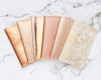 Natural leather credit card wallet. Business card case. Double credit card holder. Metallic leather wallet. Rose gold metallic copper.