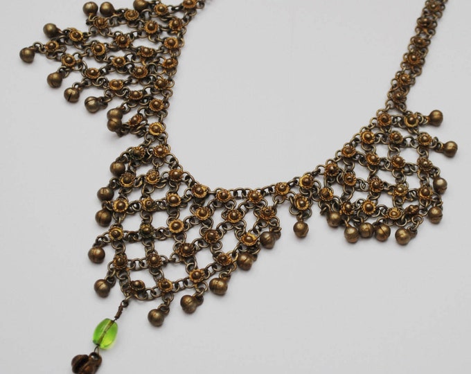 India Chain Link Bib Necklace - Gypsy Boho - Green Glass - Brass gold tone metal - chain maille -Belly dancer