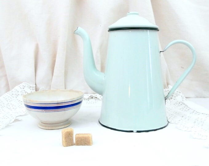 Antique Gooseneck Kettle Pale Mint Green Enamelware Coffee Pot in Excellent Condition, Vintage Country Decor Enamel Cafetiere from France