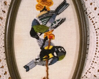 Great Tit birds embroidered picture in oval frame embroidery nature