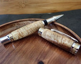 Blond Curly Koa Exhibition Grade Hawaiian Design Hand Turned Monarch Presidential Style Chrome & Titanium Gold Rollerball Pen