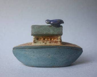 small boat-box with blue bird of happiness, OOAK stoneware clay