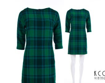 50s Vintage Green Plaid Wiggle Dress Navy Blue Tartan Mini Knit Mod Preppy Retro Clothing Women's Size Medium 32" Waist