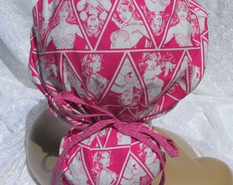 Wonder Woman ponytail scrub hat, scrub hat, medical scrub hat with a built in terry cloth sweat band. Handmade in the USA.