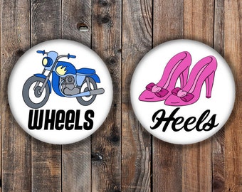 Wheels or Heels Gender reveal pins. Pink heel and blue motorcycle.
