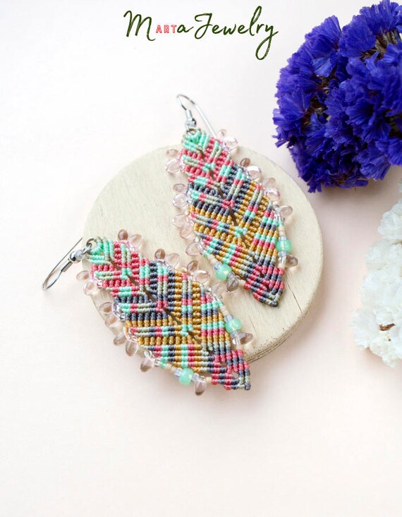Bohemian feathers micromacrame earrings pastels beaded