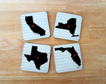 Custom State Drink Coasters - Personalized Map Coasters - Long Distance Friends, Birthday, Housewarming Gifts - Farmhouse Decor