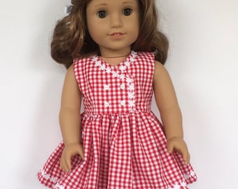 18" doll red and white gingham dress with white daisy trim