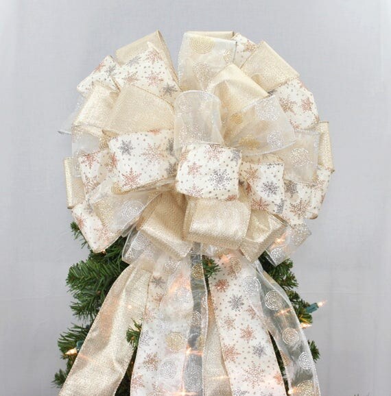 Metallic Snowflake Ivory Christmas Tree Topper Bow Metallic Snowflake Ivory Christmas Tree Topper Bow