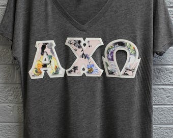 Alpha Chi Omega Charcoal Bella Flowy V-Neck With Floral Fabric on Glitter White (75d)