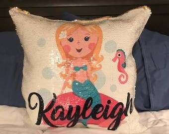 Customized Mermaid Pillow Cover with cute Mermaid of Your Choice with your Child's Name - Pillow comes in three color choices