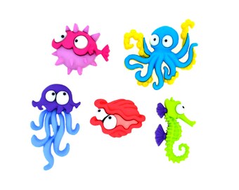 Creatures of the Sea Jesse James Buttons Purple Jellyfish Orange Clam Blue Octopus Green Seahorse Pink Blowfish Ocean Theme Fun Kid's Crafts