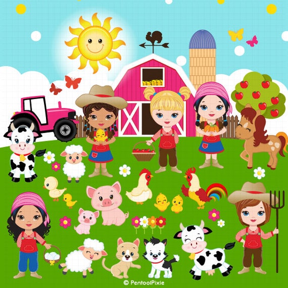 Farm animals clipart Farmer Girls clipart Farm clipart