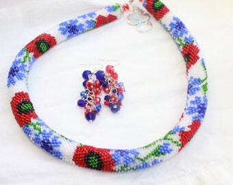 summer necklace necklace gift her birthday summer flowers red poppy poppy jewelry summer jewelry summer gift summer fashion blue flower