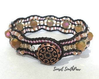 Wavy Cuff Bracelet, Beaded Leather Cuff, Wave Bracelet, Amber, Pink Copper, Unique Jewelry, 3 Row Cuff, Wavy Beaded Cuff, Jewelry, Gifts