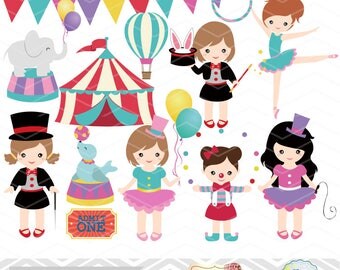 Girls Circus Digital Clip Art, Baby Girl Circus Party, Circus Digital Clip Art, Circus Clipart, Carnival Clipart, Clown Girl, 0193